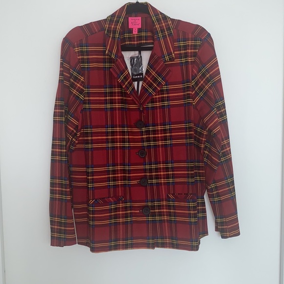 Betsey Johnson Torrid Collaboration Red Plaid Ponte Blazer Jacket - Picture 5 of 9